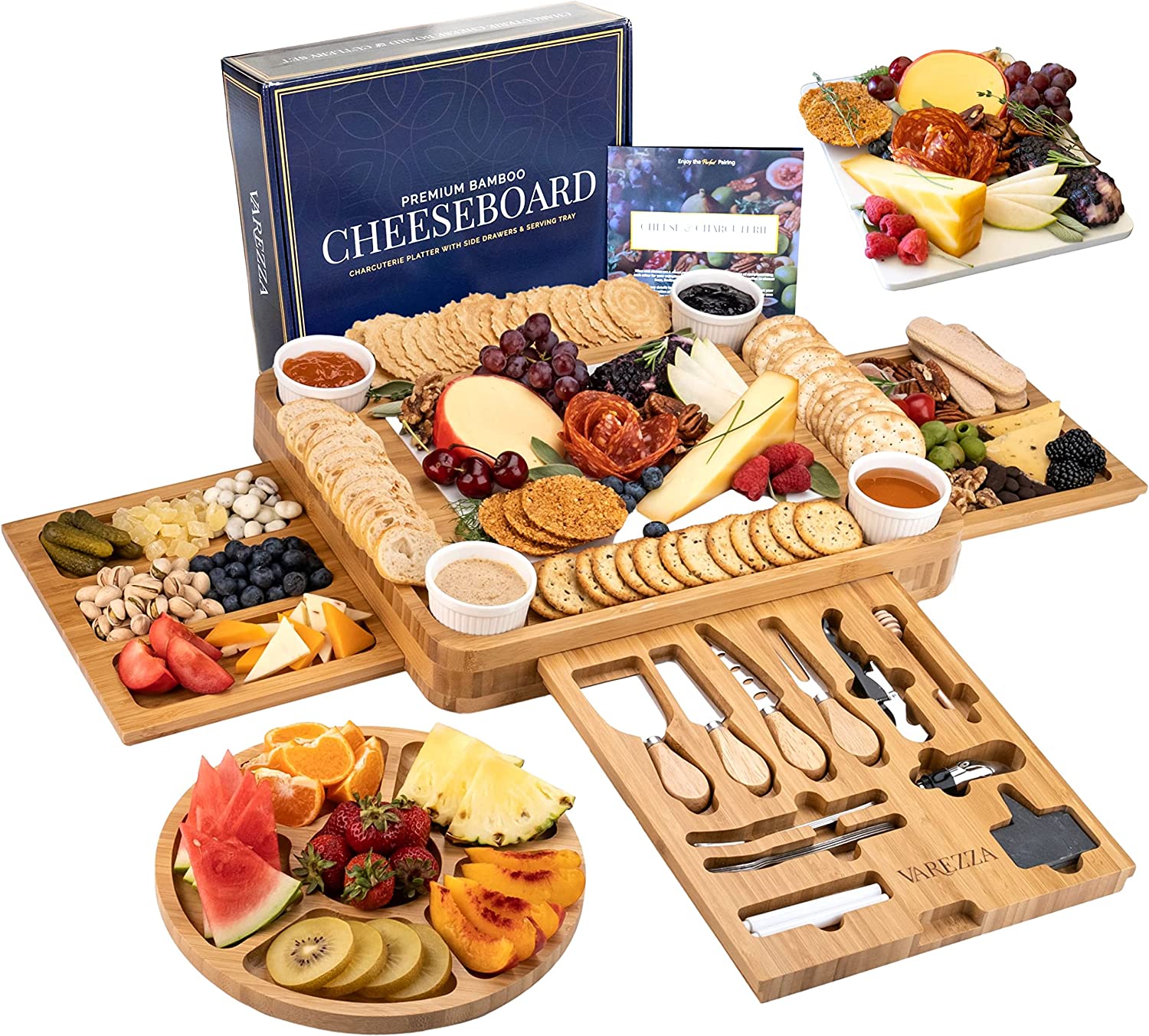 A wooden board with a hidden drawer containing cheese knives
