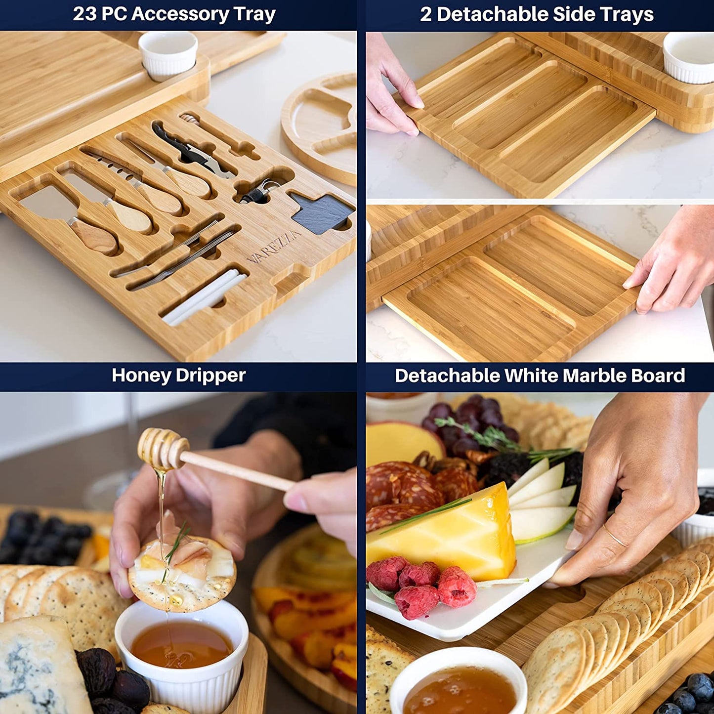 VAREZZA Bamboo Cheese Board and Knife Set. Extra Large Charcuterie Board Set - Serving Board, Side Cheese Tray, Round Marble Fruit Cheese Platter, 23 Entertaining Accessories for House Warming Gifts…