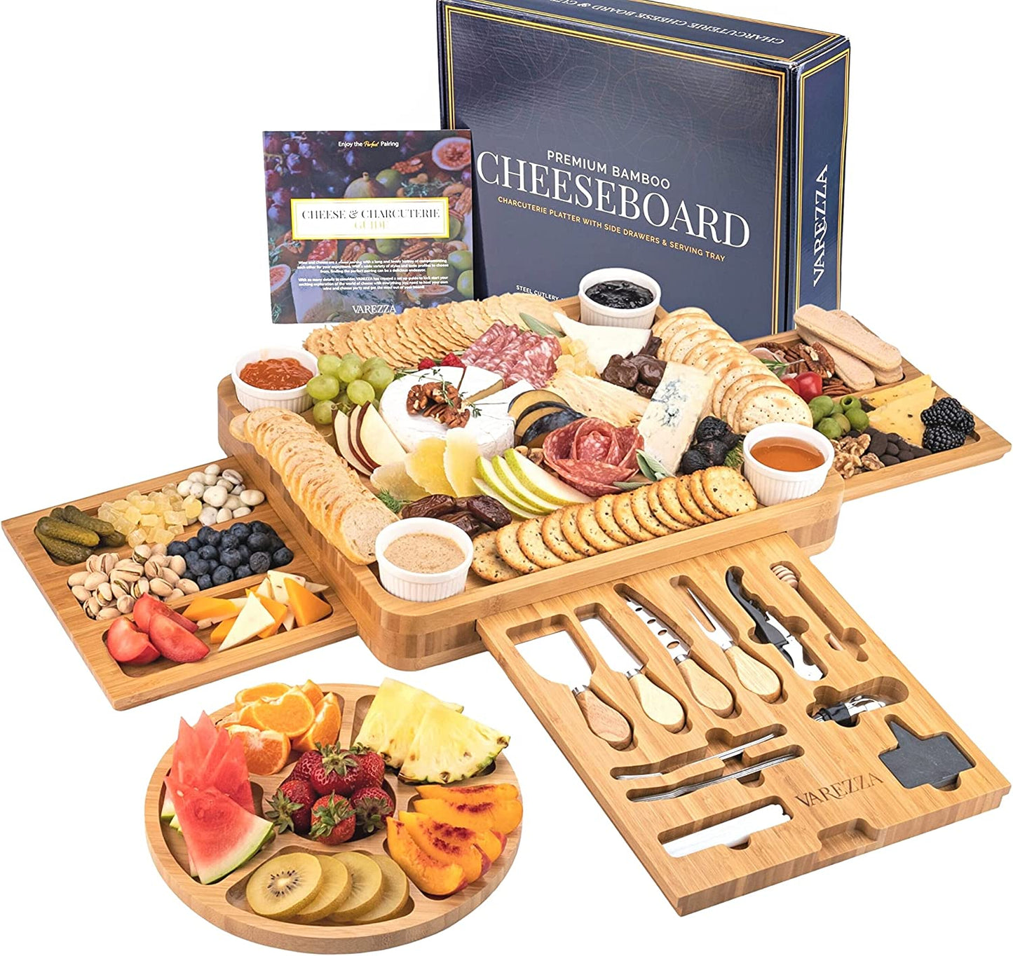VAREZZA Bamboo Cheese Board and Knife Extra Large Charcuterie Board Set Serving Board, Side Cheese Tray, Round Bamboo Fruit Cheese Platter, 23
