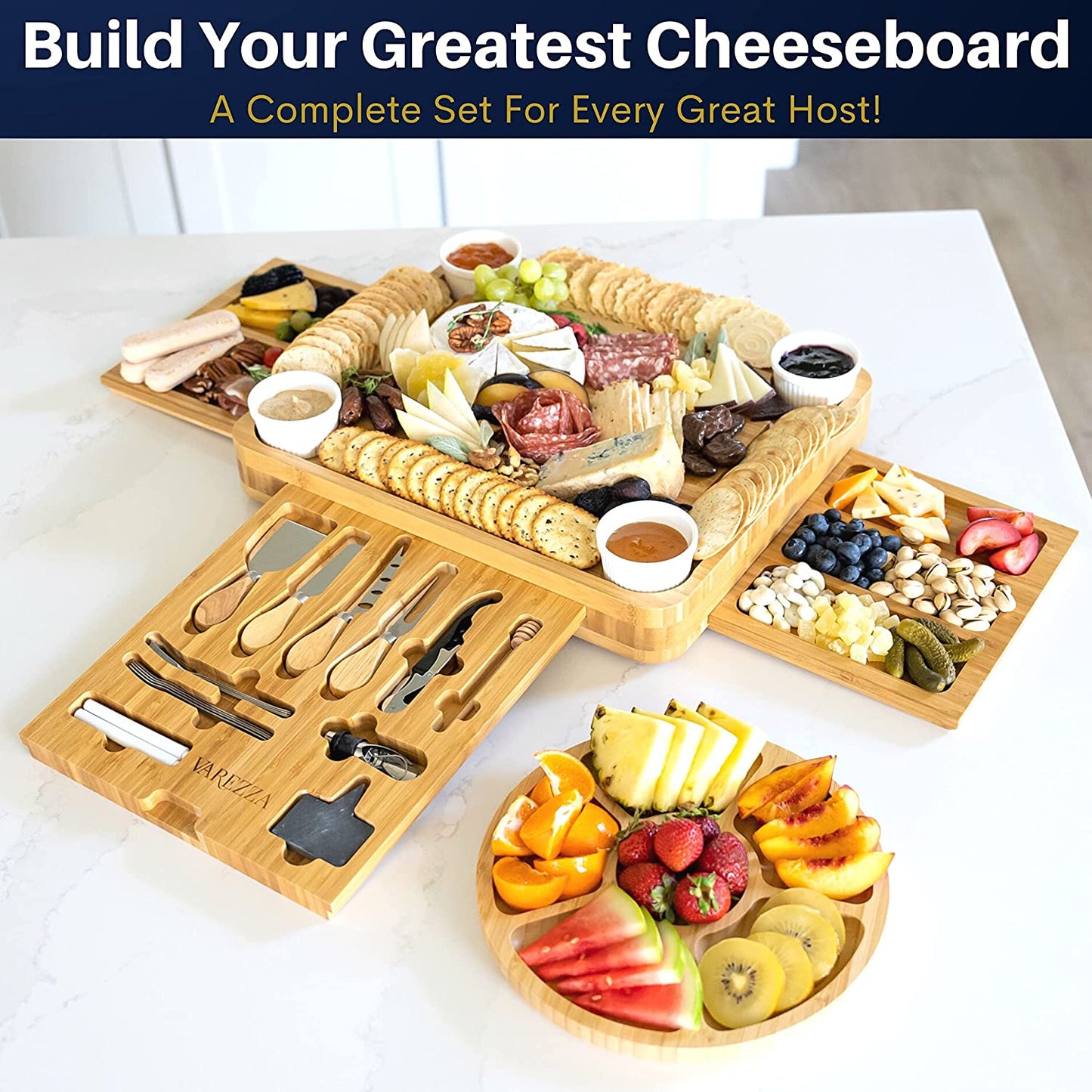 VAREZZA Bamboo Cheese Board and Knife Set. Extra Large Charcuterie Board Set - Serving Board, Side Cheese Tray, Round Bamboo Fruit Cheese Platter, 23 Entertaining Accessories for House Warming Gifts