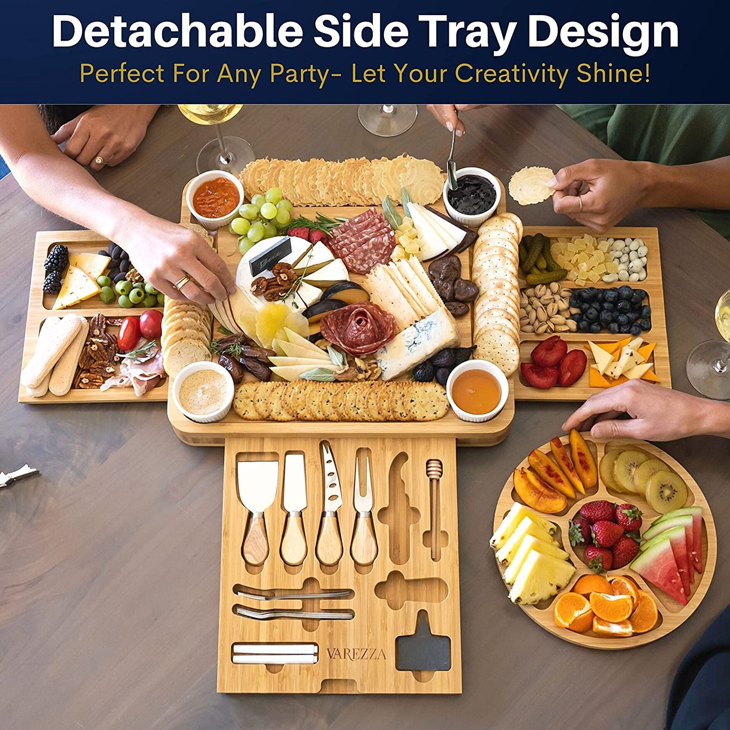 VAREZZA Bamboo Cheese Board and Knife Extra Large Charcuterie Board Set Serving Board, Side Cheese Tray, Round Bamboo Fruit Cheese Platter, 23